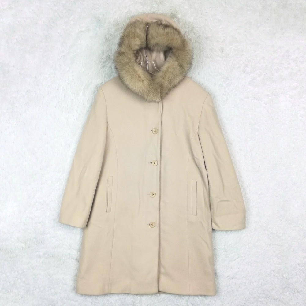 Forecaster Womens Coat Lambswool Blend Faux‎ Fur Hooded Light Beige Button 14